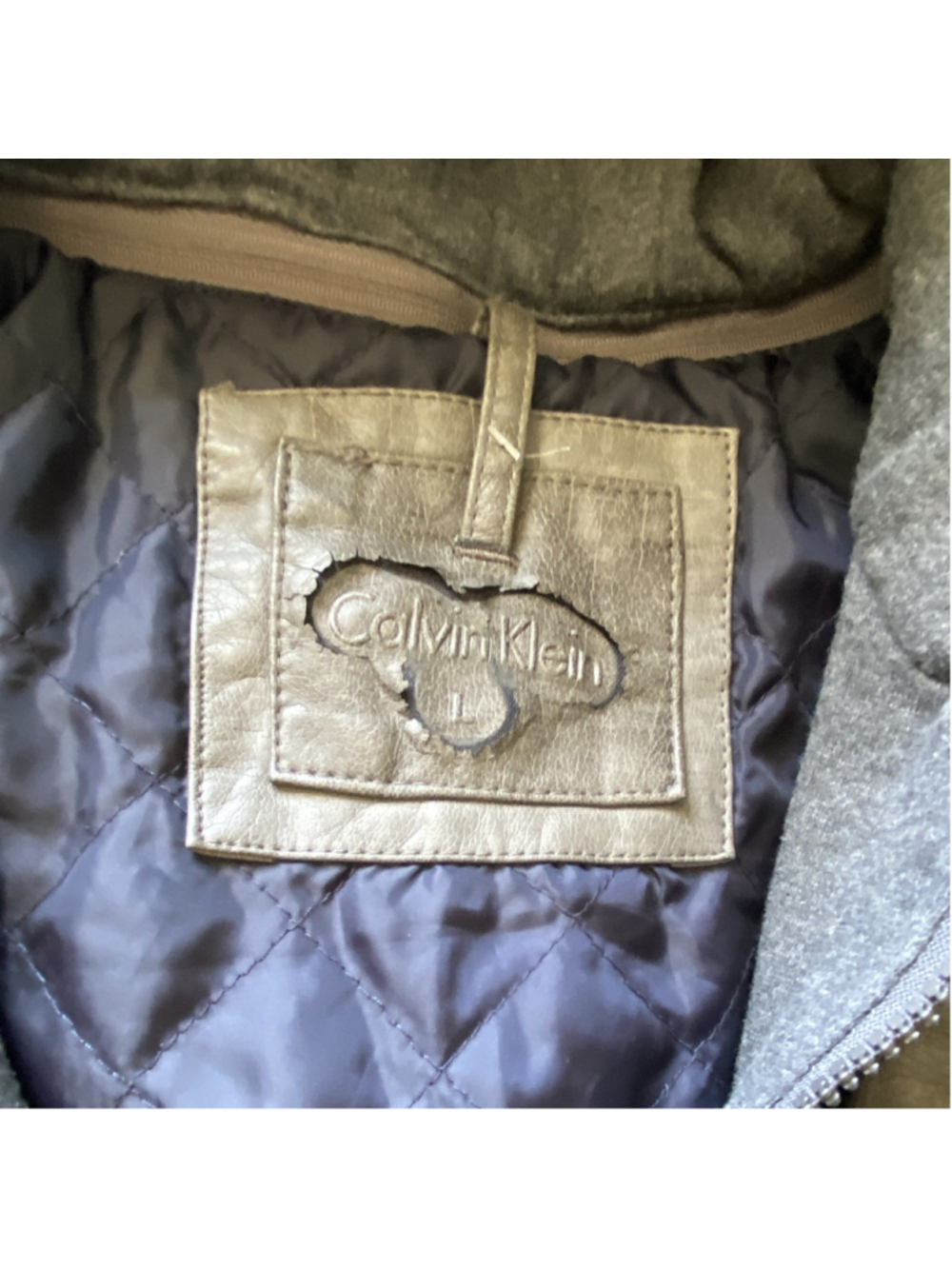 Calvin Klein Men's L Gray Leather Hooded Full Zip Lined Short Jacket Logo - Picture 3 of 6